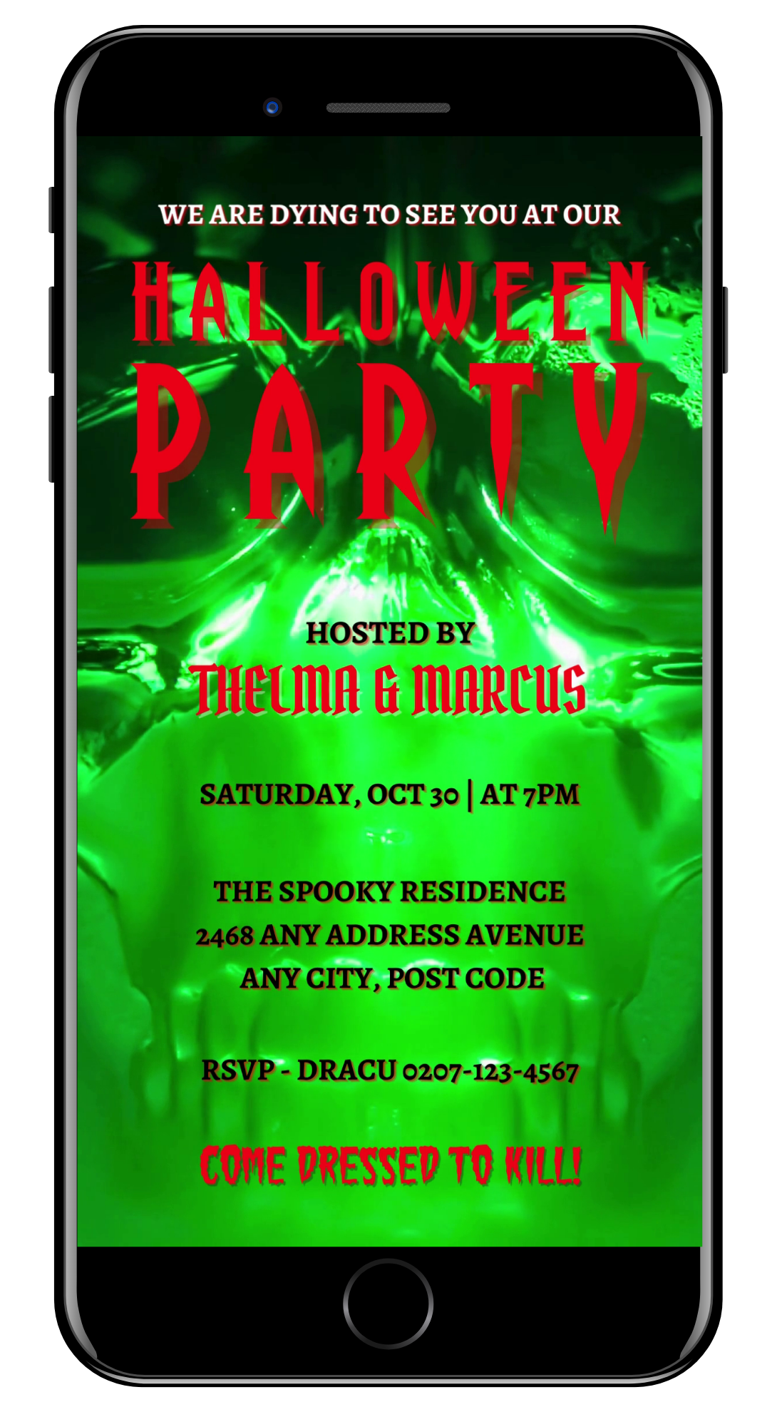Neon Green Skull Halloween Party Video Invite