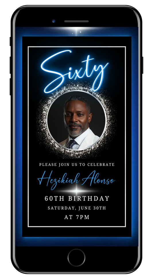 Blue & Silver 60th Birthday Video Invitation - With Oval Photo Frame