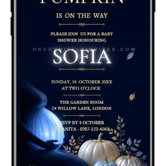 neon blue little pumpkin baby shower video invitations-by URCordiallyInvited