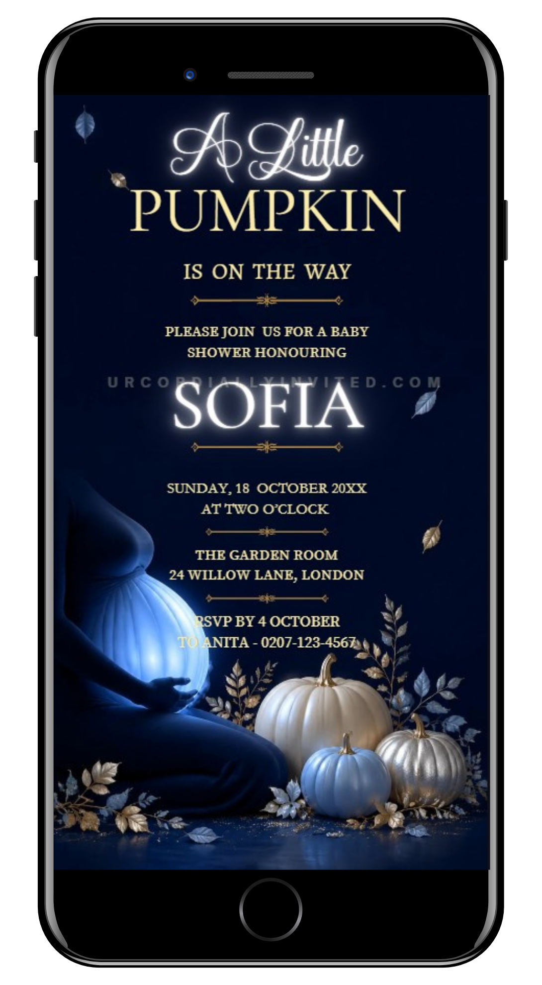 neon blue little pumpkin baby shower video invitations-by URCordiallyInvited