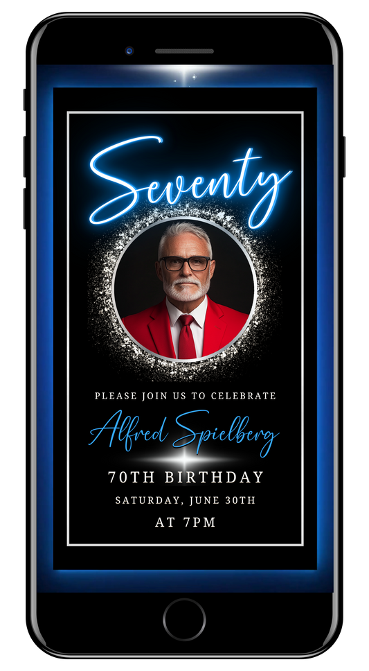 Blue & Silver 70th Birthday Video Invitation - With Oval Photo Frame