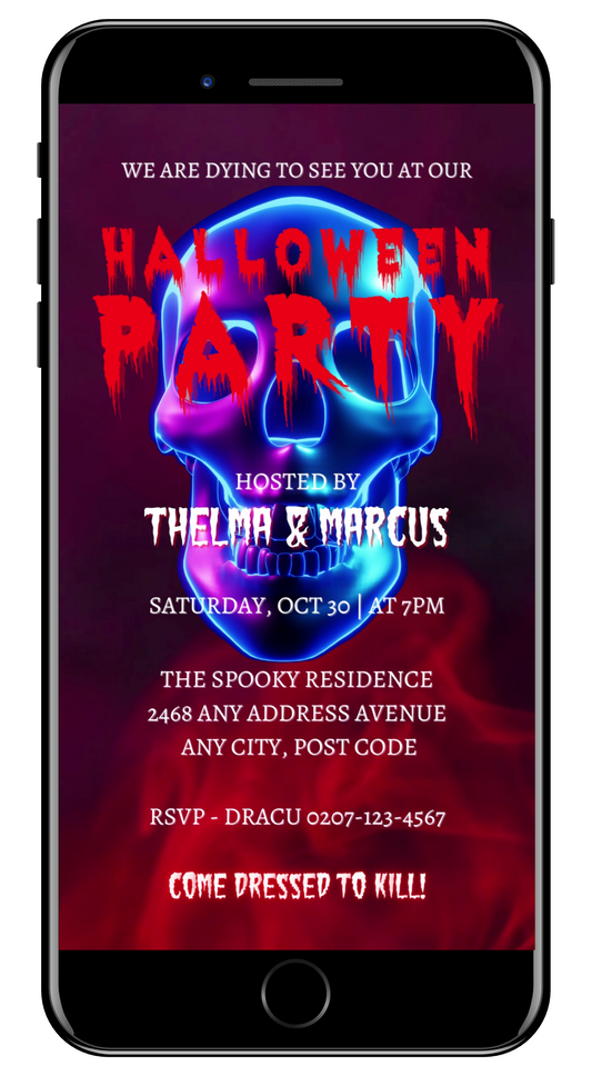 Blue Smoking Neon Skull | Halloween Party Video Invite