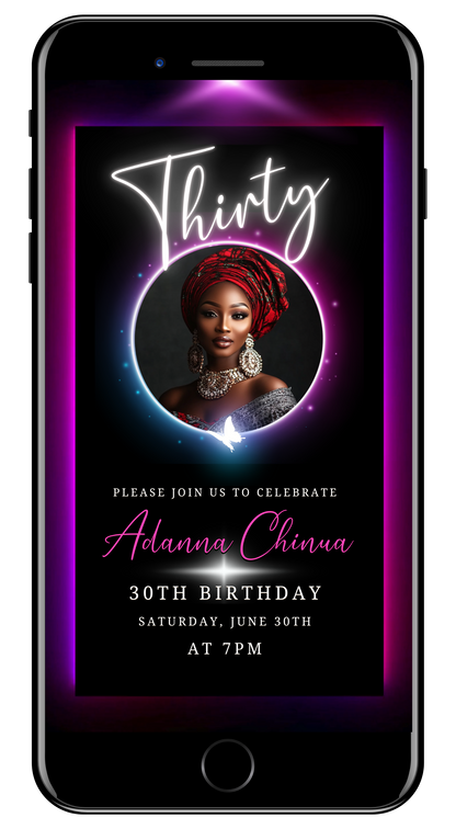 30th Birthday Video Invitation - Pink & Purple Oval Photo Frame Animated Invite