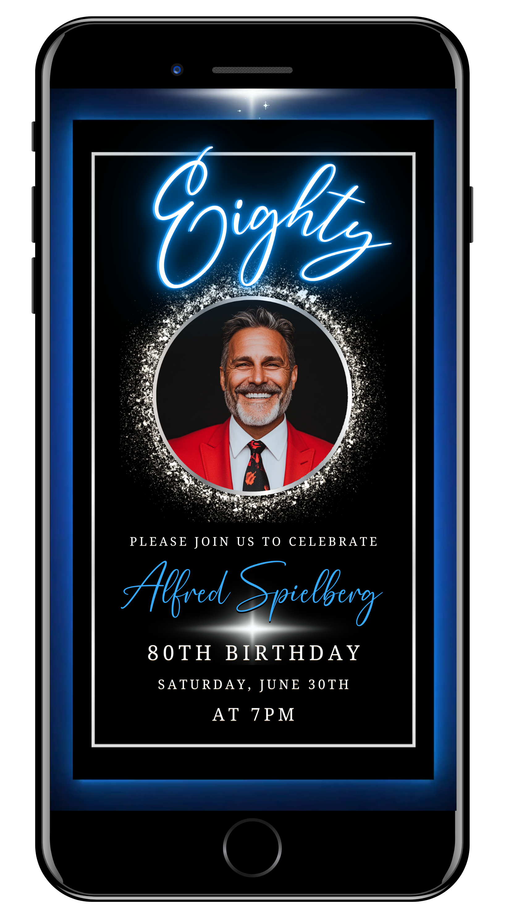 Blue and Silver 80th Birthday Video Invitation with Oval Photo Frame
