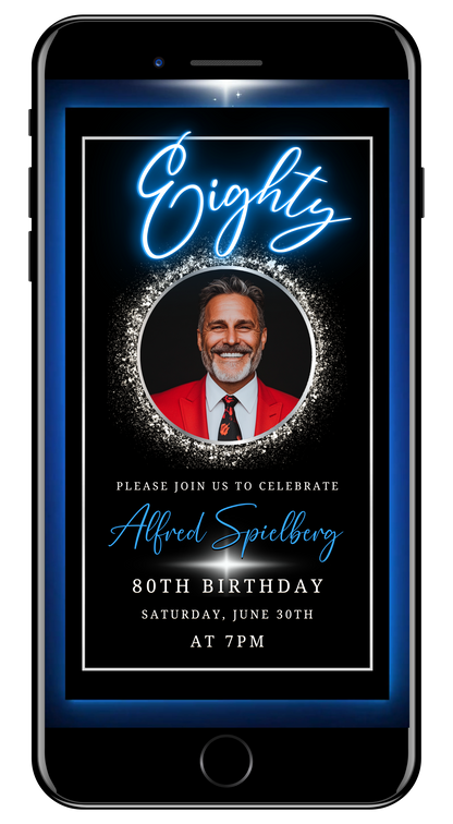 Blue & Silver 80th Birthday Video Invitation - With Oval Photo Frame