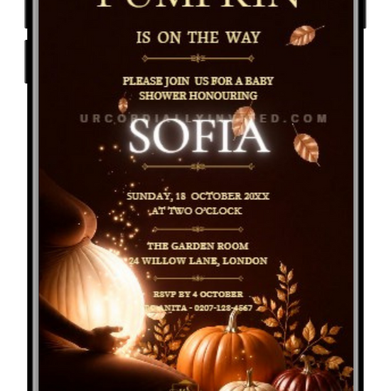 Chocolate Amber Neon Little Pumpkin Baby Shower Video Invitation | URCordiallyInvited