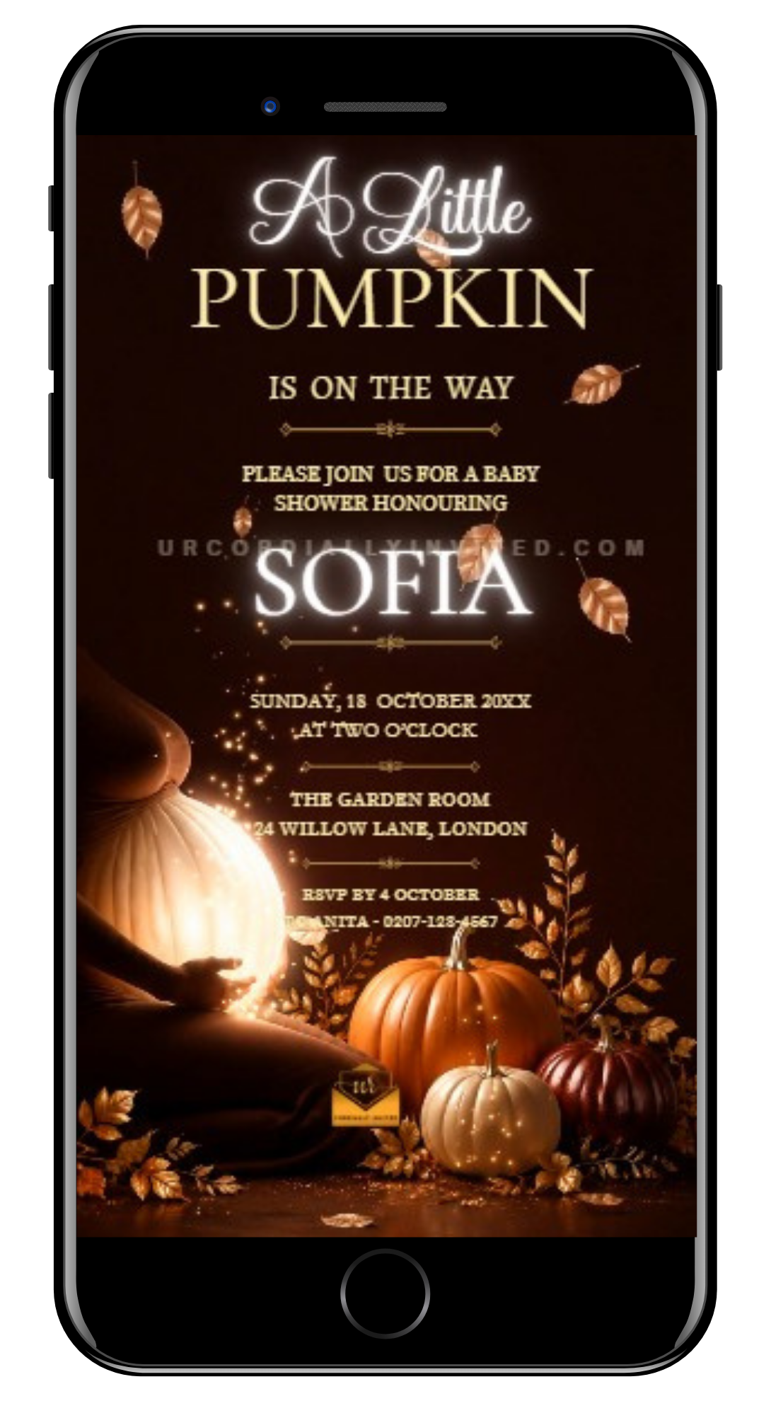 Chocolate Amber Neon Little Pumpkin Baby Shower Video Invitation | URCordiallyInvited