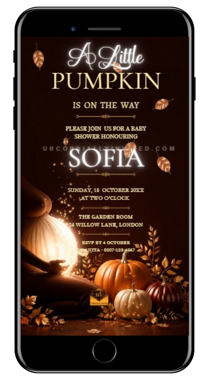Chocolate Amber Neon Little Pumpkin Baby Shower Video Invitation | URCordiallyInvited