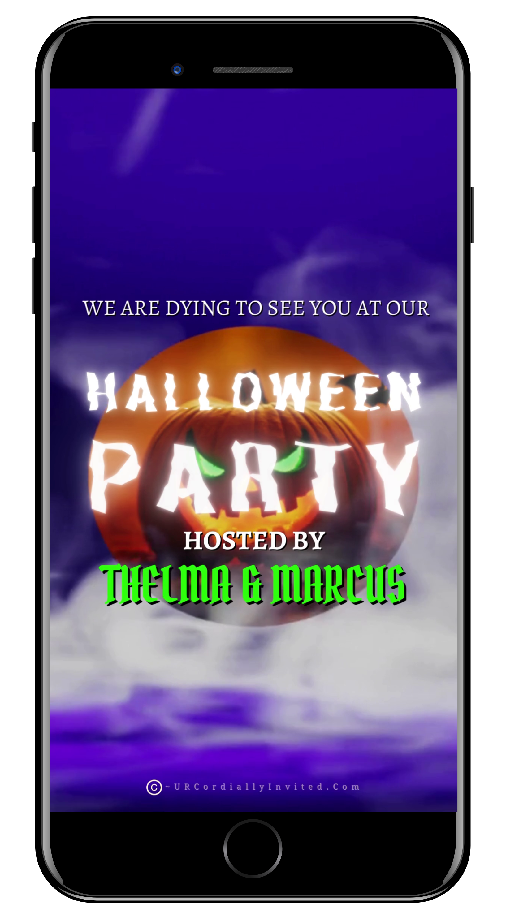 Misty Purple Smoke Pumpkin Halloween Video Invite on a smartphone