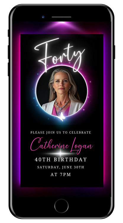 40th Birthday Video Invitation - Pink & Purple Oval Photo Frame Animated Invite