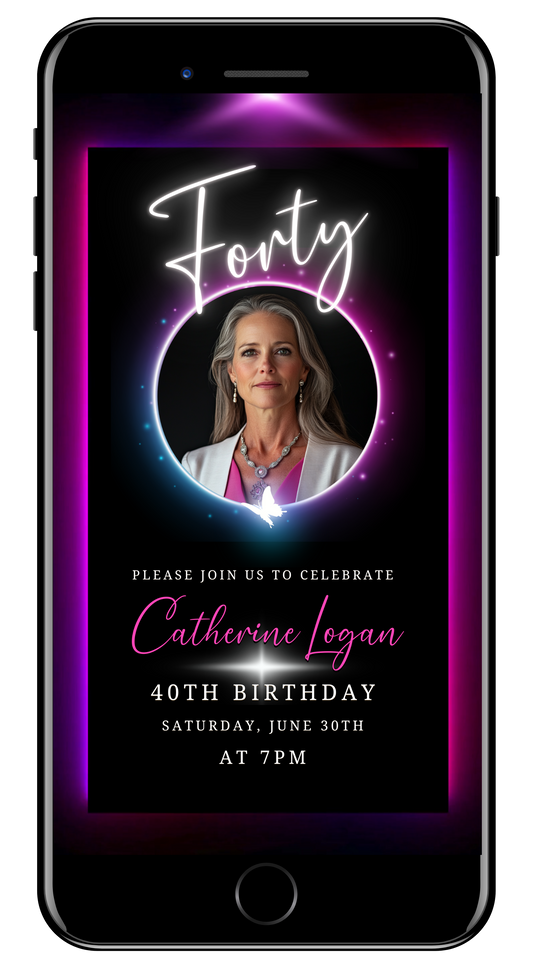 40th Birthday Video Invitation - Pink & Purple Oval Photo Frame Animated Invite