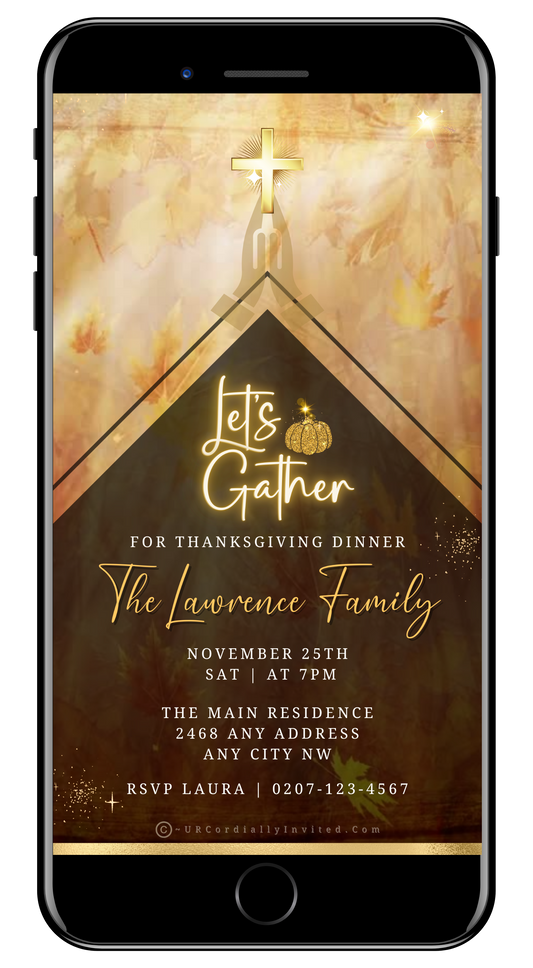 Thanksgiving Dinner Golden Cross Video Invitation - Elegant Animated Digital Invite