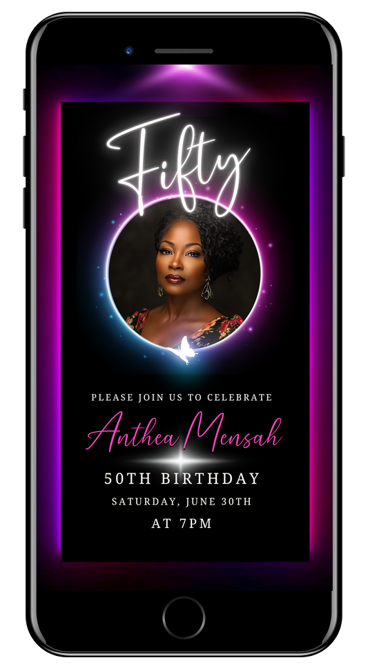 50th Birthday Video Invitation - Pink & Purple Oval Photo Frame Animated Invite