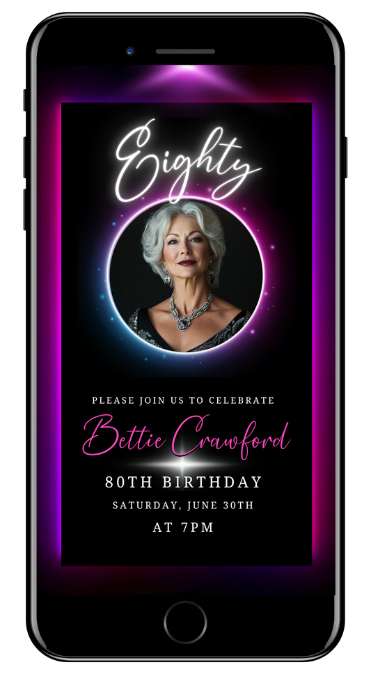 80th Birthday Video Invitation - Pink & Purple Oval Photo Frame Animated Invite