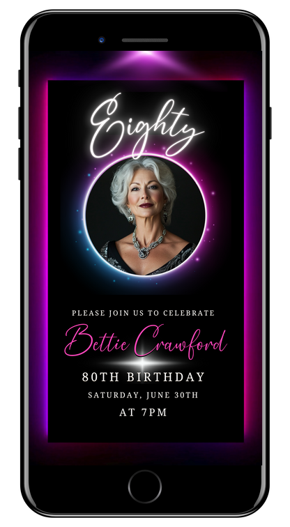 80th Birthday Video Invitation - Pink & Purple Oval Photo Frame Animated Invite