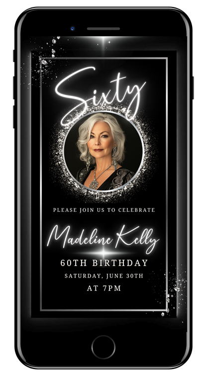 60th Birthday Video Invitation - Black White Silver Oval Photo Frame Animated Invite