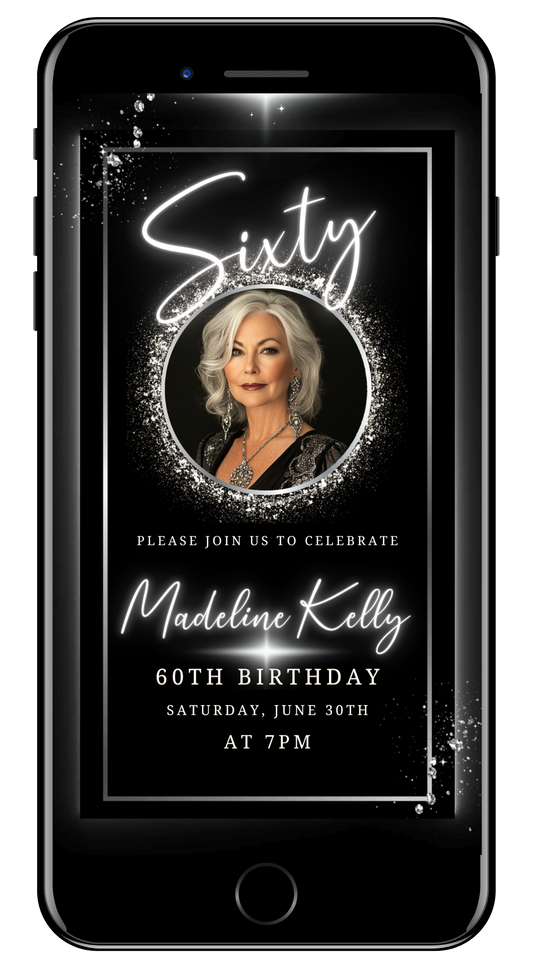60th Birthday Video Invitation - Black White Silver Oval Photo Frame Animated Invite