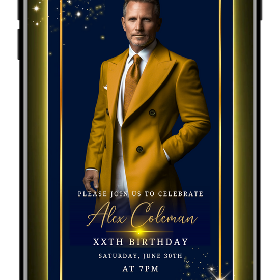 Mens any age VIDEO photo blue gold neon invite by URCordiallyInvited