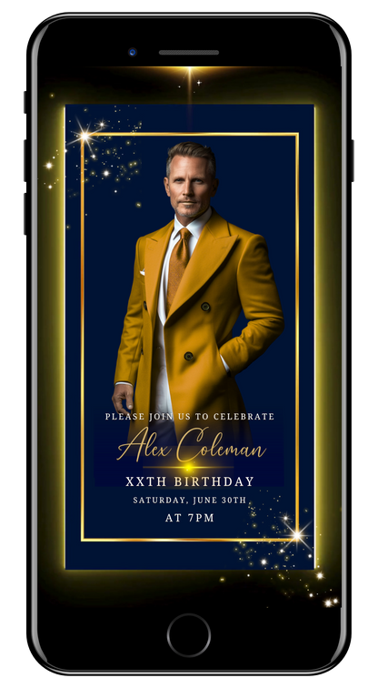 Mens any age VIDEO photo blue gold neon invite by URCordiallyInvited