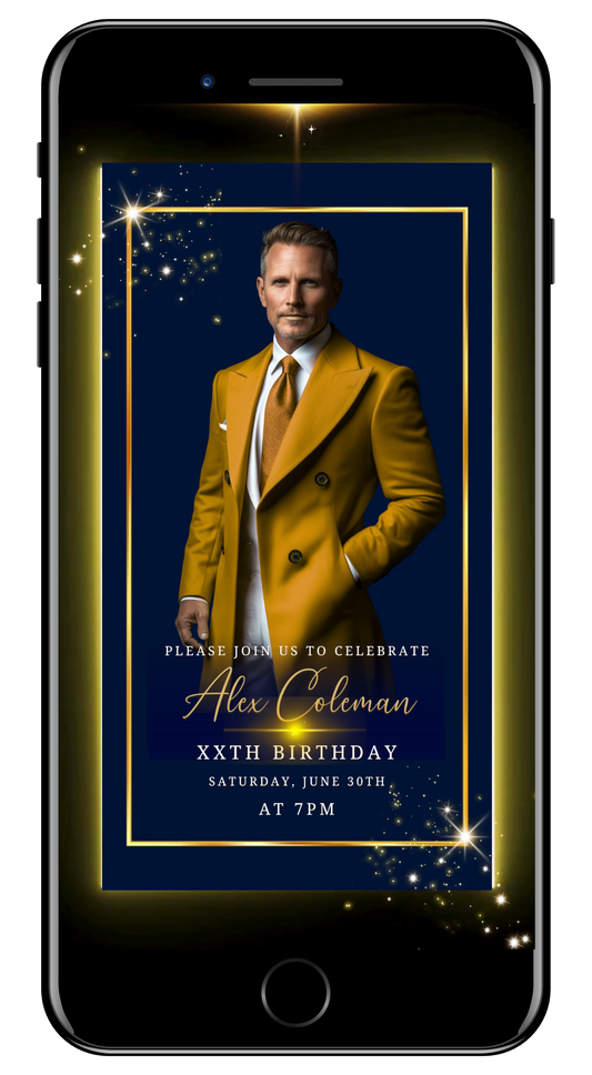 Mens any age VIDEO photo blue gold neon invite by URCordiallyInvited