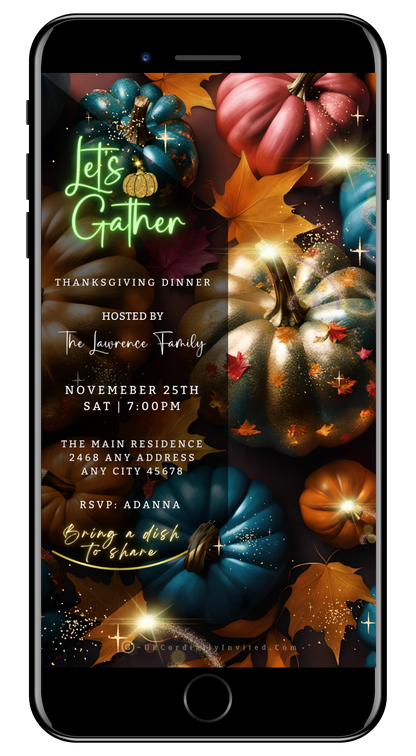 Colourful Pumpkins Glitter Thanksgiving Dinner Video Invite - Festive Digital Invitation