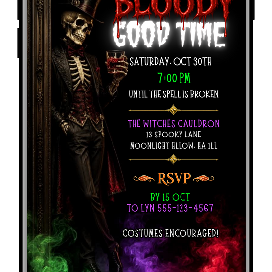 Skeleton introducing a Bloody Good Time Halloween Animated Video Invitation by URCordiallyInvited