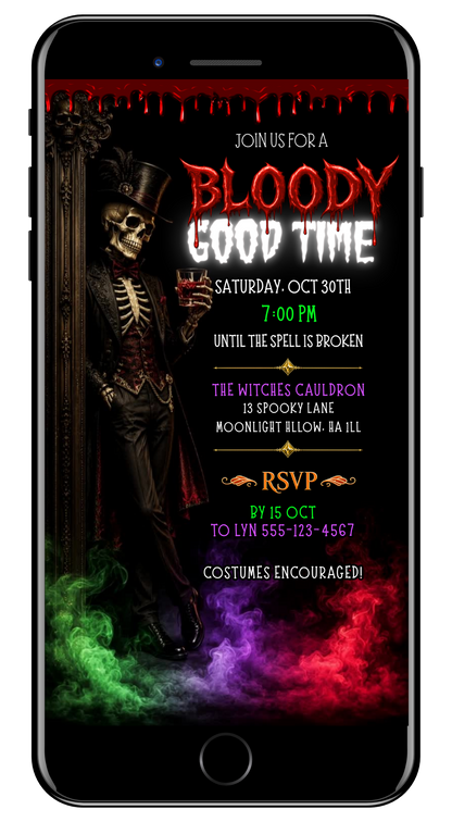 Skeleton introducing a Bloody Good Time Halloween Animated Video Invitation by URCordiallyInvited