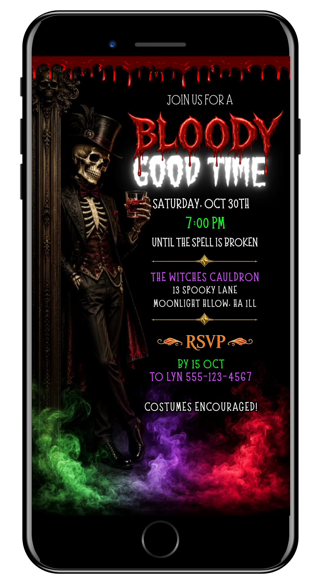 Skeleton introducing a Bloody Good Time Halloween Animated Video Invitation by URCordiallyInvited