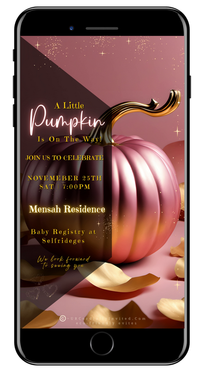 Pink Pumpkin Gold Leaves Sparkle | Baby Shower Video Invitation