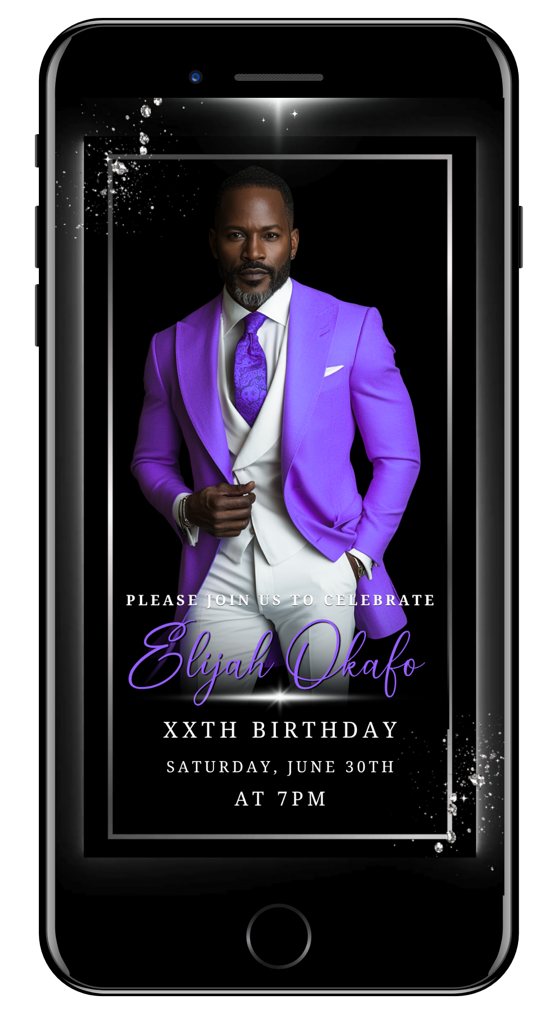 men's animated black and silver with photo animated video invitation