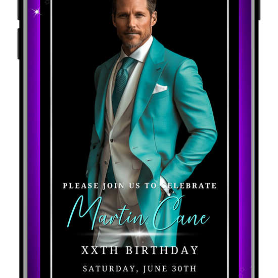 men's any age silver black purple neon animated video invite with photo by URCordiallyInvited
