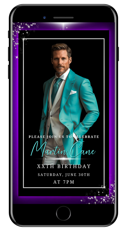 men's any age silver black purple neon animated video invite with photo by URCordiallyInvited