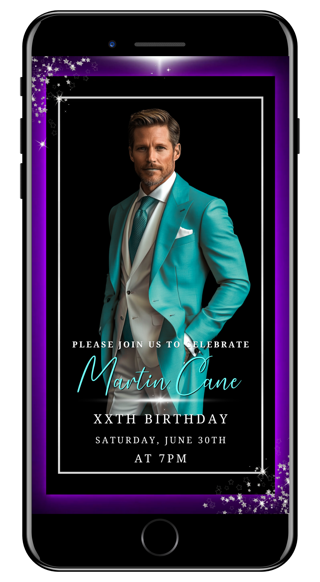 men's any age silver black purple neon animated video invite with photo by URCordiallyInvited