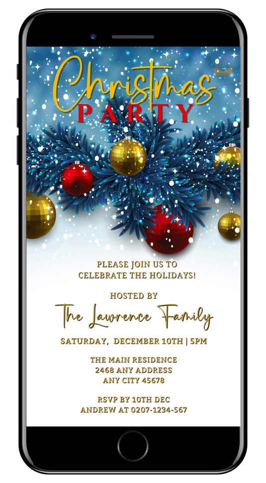 Snowy Elegance Blue Leaves | Christmas Party Video Invite
