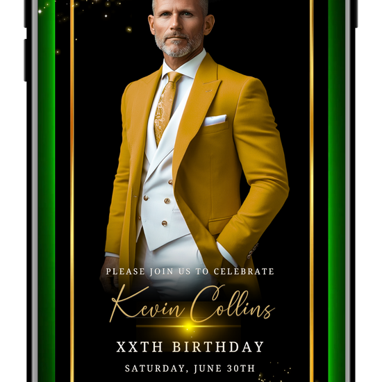 Mens any age VIDEO photo gold black green neon invite with photo by URCordiallyInvited