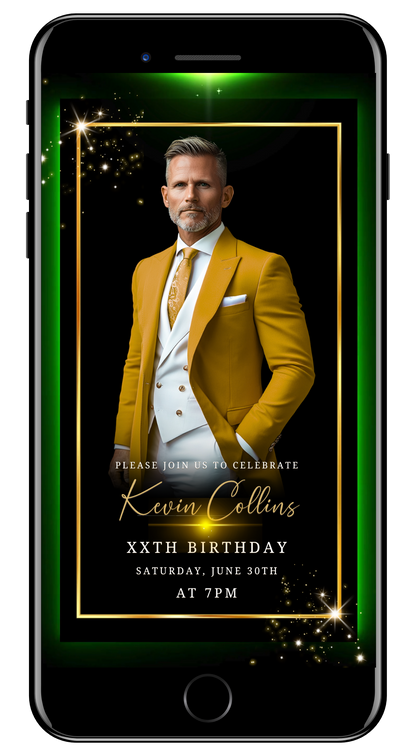 Mens any age VIDEO photo gold black green neon invite with photo by URCordiallyInvited