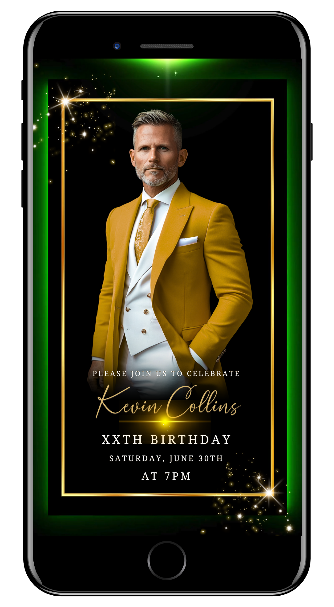 Mens any age VIDEO photo gold black green neon invite with photo by URCordiallyInvited