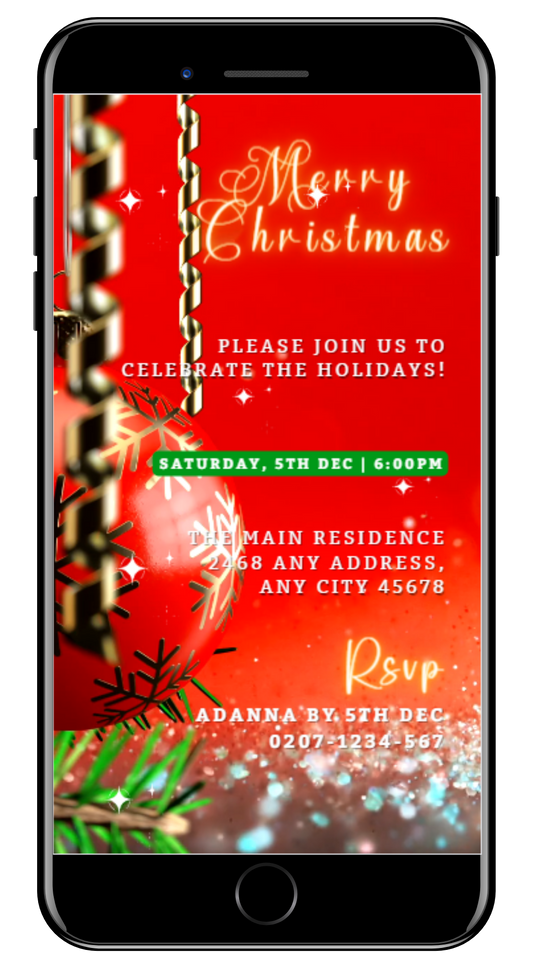 Red Gold Ornament Glitter | Christmas Video Invitation