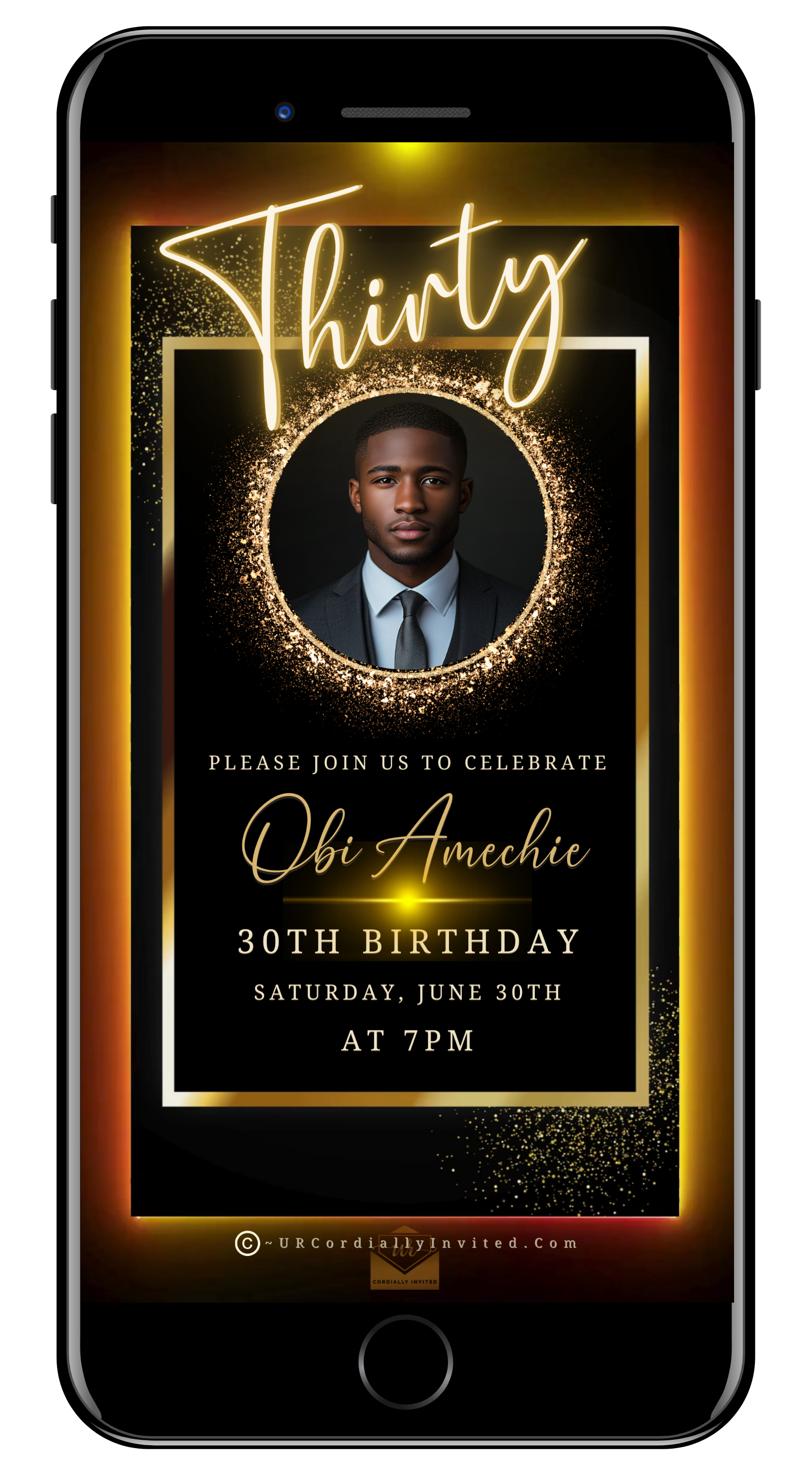 30th Birthday Video Invitation Black and Gold Oval Photo Frame Animated Invite