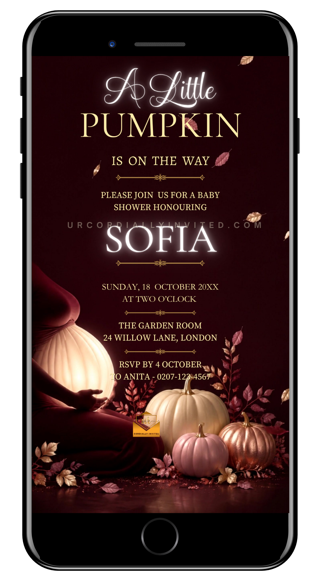 Blush Pink Neon Little Pumpkin Baby Shower Video Invitation | URCordiallyInvited