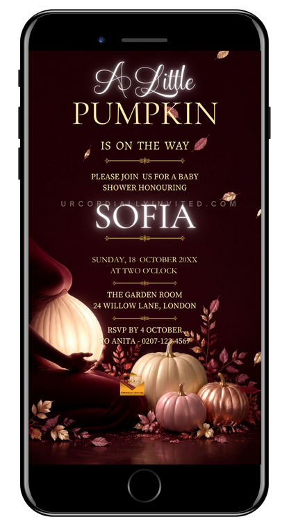 Blush Pink Neon Little Pumpkin Baby Shower Video Invitation | URCordiallyInvited