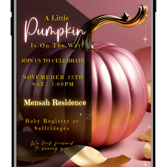 Pink Pumpkin Gold Leaves Sparkle | Baby Shower Video Invitation