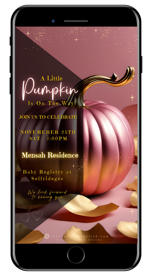 Pink Pumpkin Gold Leaves Sparkle | Baby Shower Video Invitation