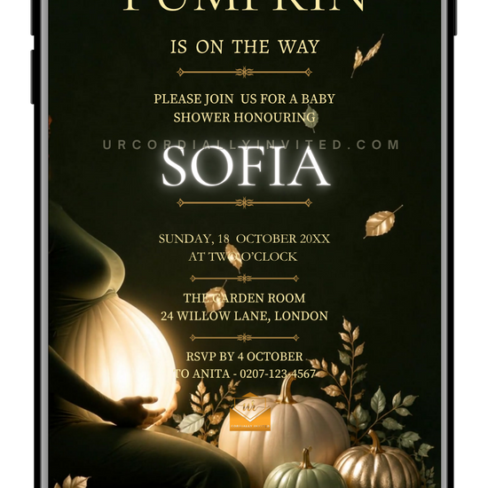 Forest Sage Neon Little Pumpkin Baby Shower Video Invitation | URCordiallyInvited