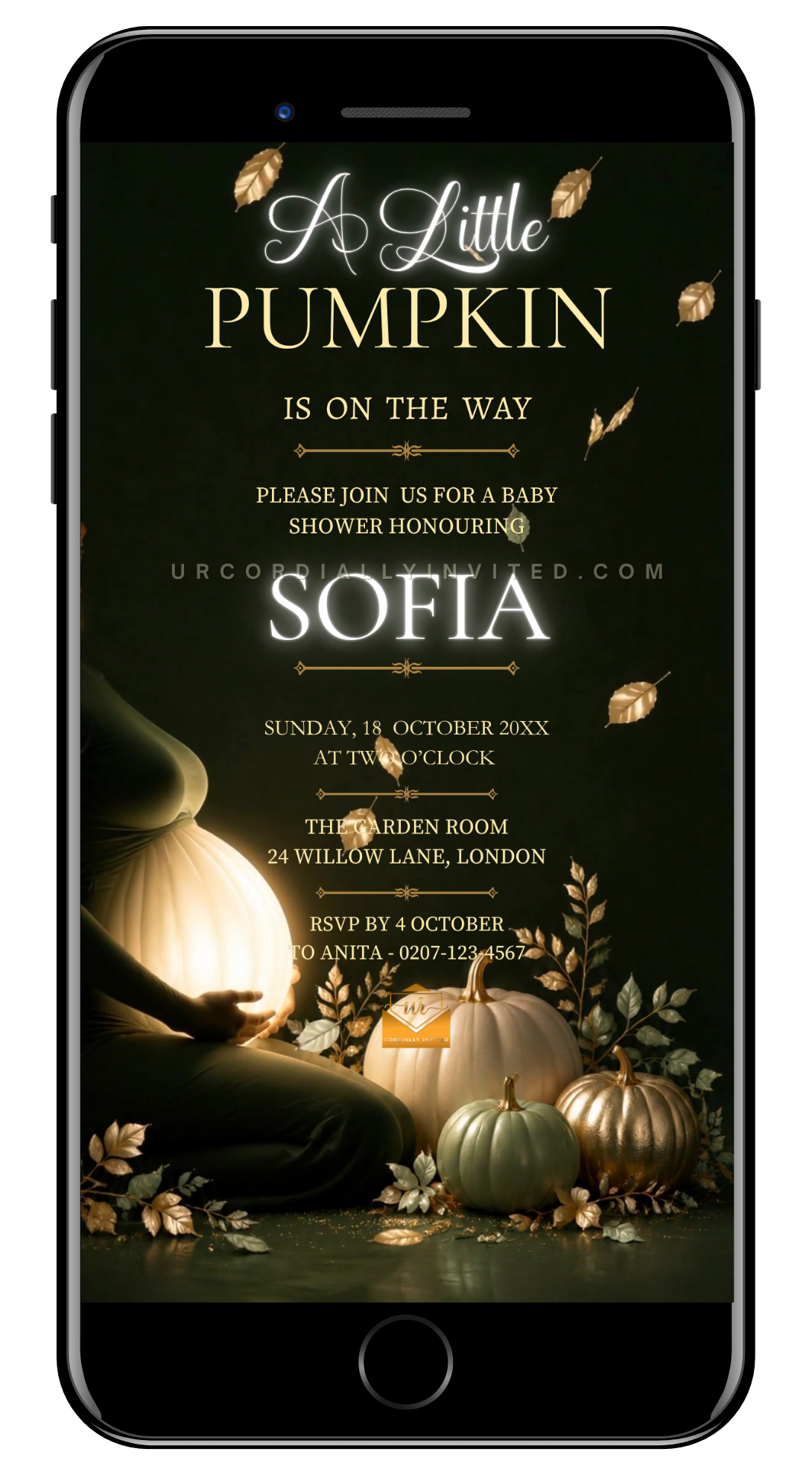 Forest Sage Neon Little Pumpkin Baby Shower Video Invitation | URCordiallyInvited