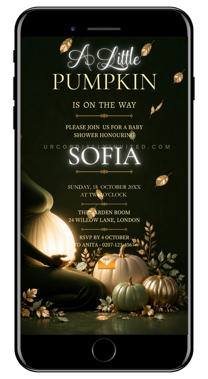 Forest Sage Neon Little Pumpkin Baby Shower Video Invitation | URCordiallyInvited