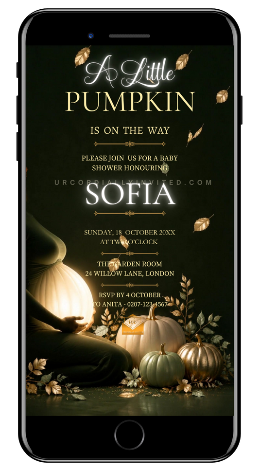 Forest Sage Neon Little Pumpkin Baby Shower Video Invitation | URCordiallyInvited