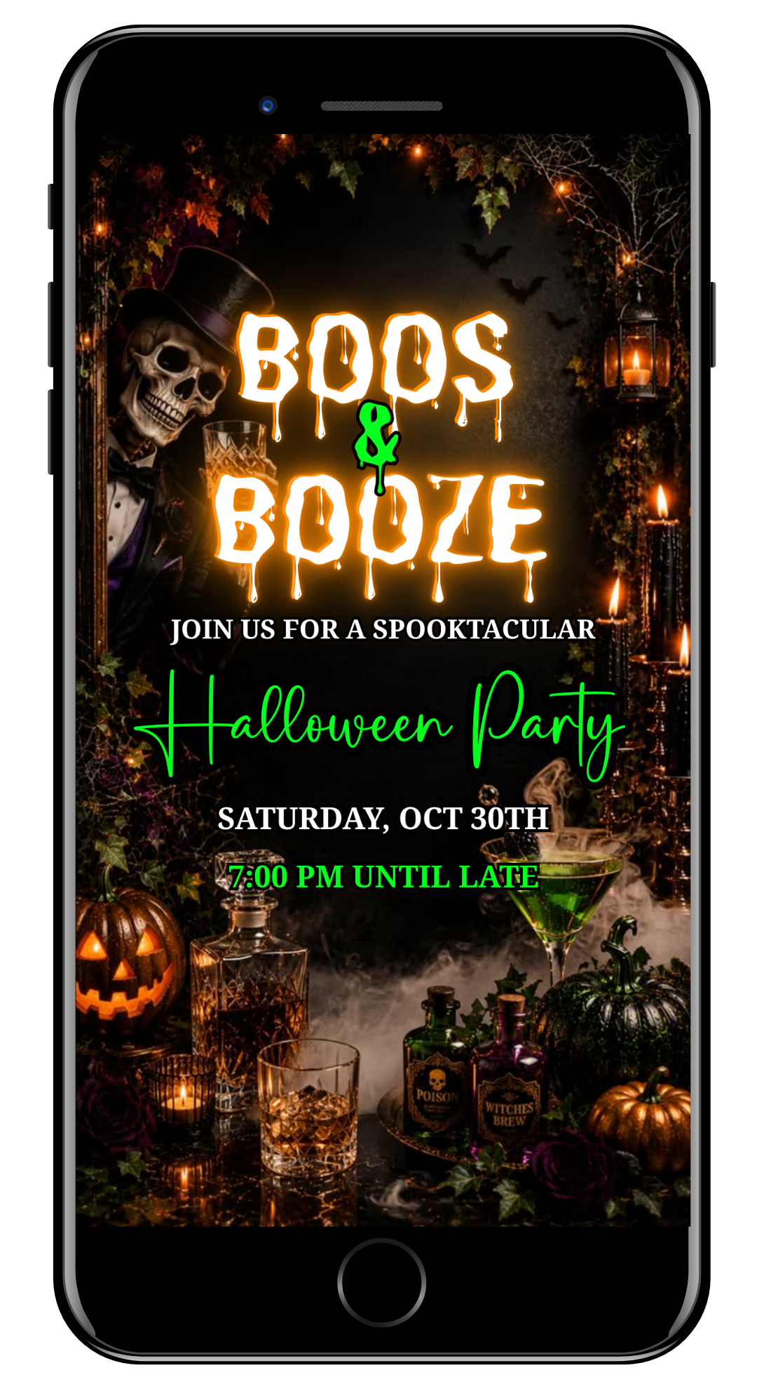 Skeleton Whiskey Boos & Booze Halloween Animated Video Invitation by URCordiallyInvited