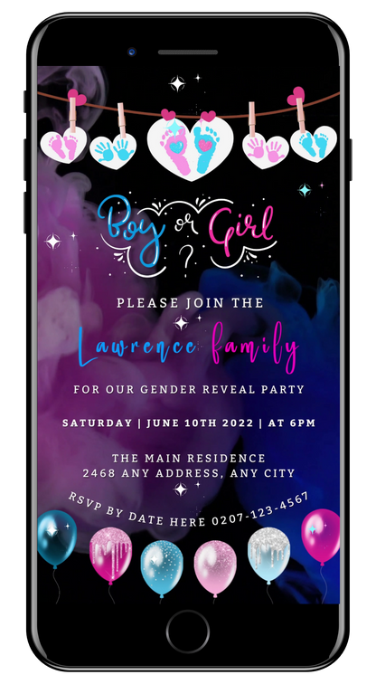 Dark Pink Blue Sky Hearts | Gender Reveal Party Video Invitation