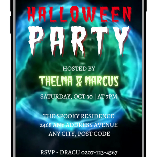 scary neon green halloween ghost skeleton emerging from a black hole howling. red and green text halloween party invite